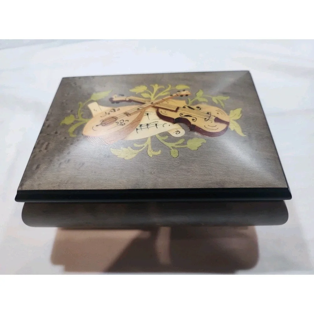 Vintage~Italian Music ~Jewelry Box~Wood Inlay~Mandolin Violin ~Pink Velvet Lined